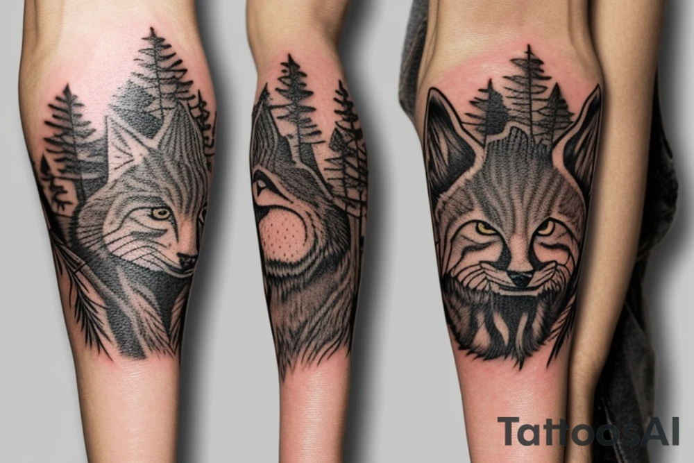 An oak tree on the island. A falcon is sitting on it, and a lynx is placed on the opposite side. A bear is sitting under an oak tree. tattoo idea