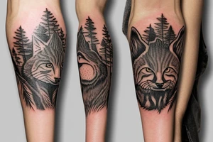 An oak tree on the island. A falcon is sitting on it, and a lynx is placed on the opposite side. A bear is sitting under an oak tree. tattoo idea