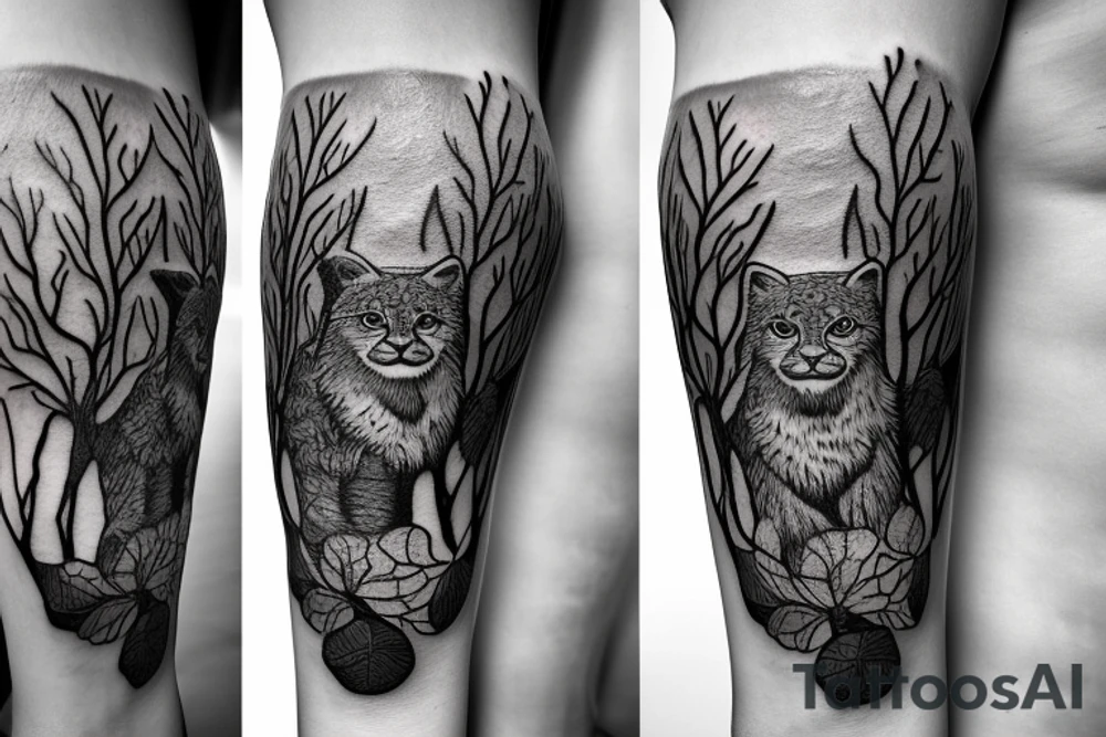 An oak tree on the island. A falcon is sitting on it, and a lynx is placed on the opposite side. A bear is sitting under an oak tree. tattoo idea