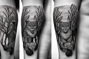 An oak tree on the island. A falcon is sitting on it, and a lynx is placed on the opposite side. A bear is sitting under an oak tree. tattoo idea