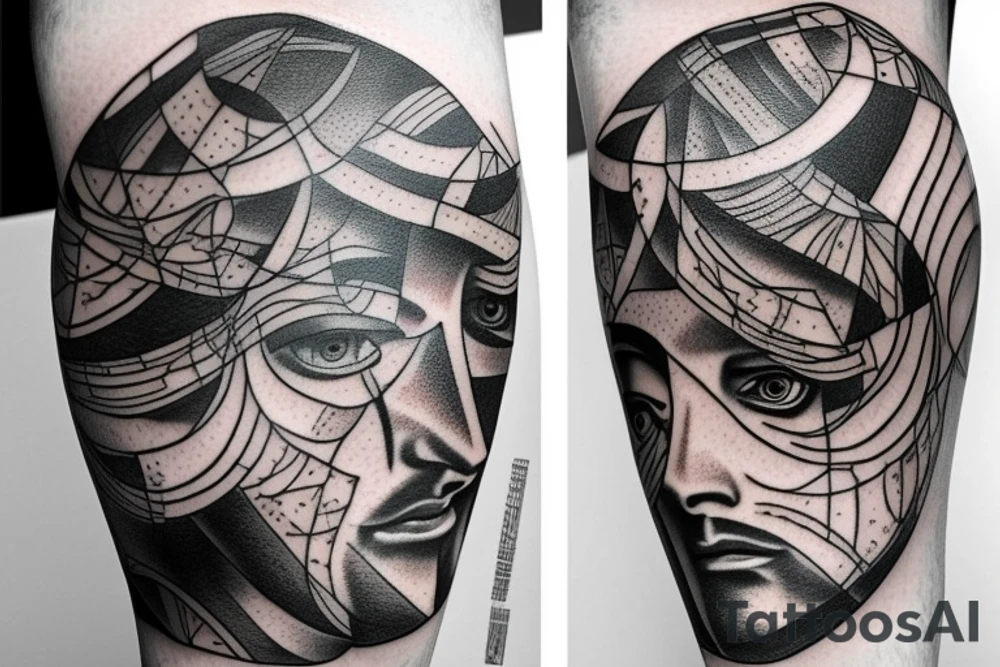 half of the head of David in realism, half in abstract geometry tattoo idea