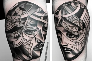 half of the head of David in realism, half in abstract geometry tattoo idea