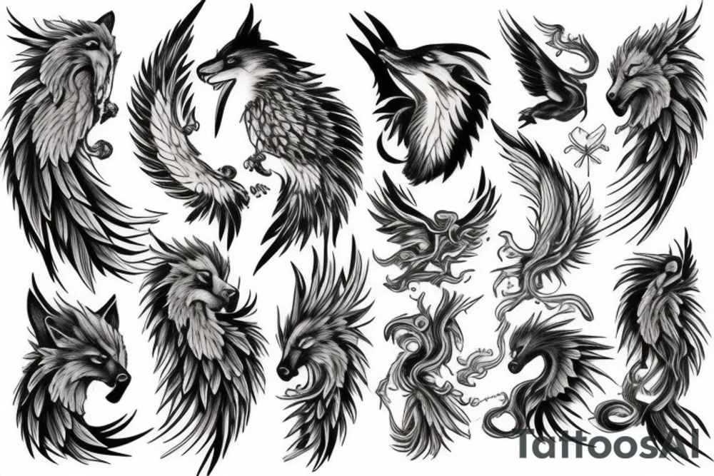 Phoenix and wolf tattoo idea