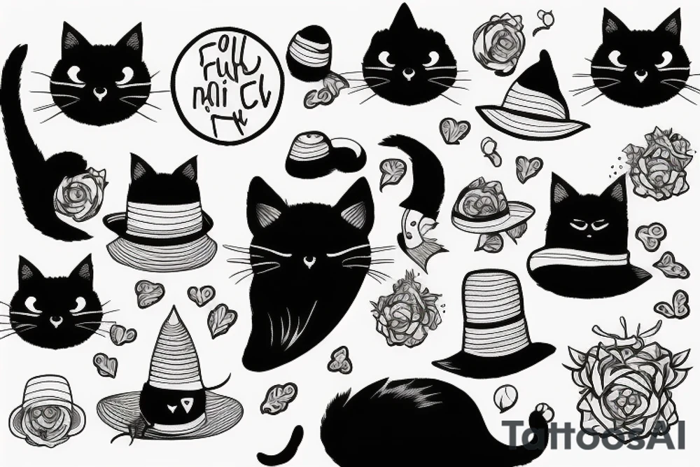 Black cat with a funny hat and sweater tattoo idea