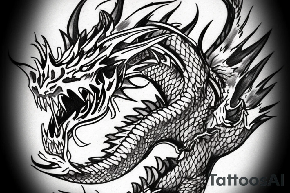 A fierce dragon breathing fire. The dragon's body should be of the same width as it's head tattoo idea