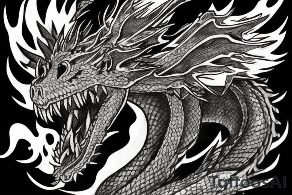 A fierce dragon breathing fire. The dragon's body should be of the same width as it's head tattoo idea