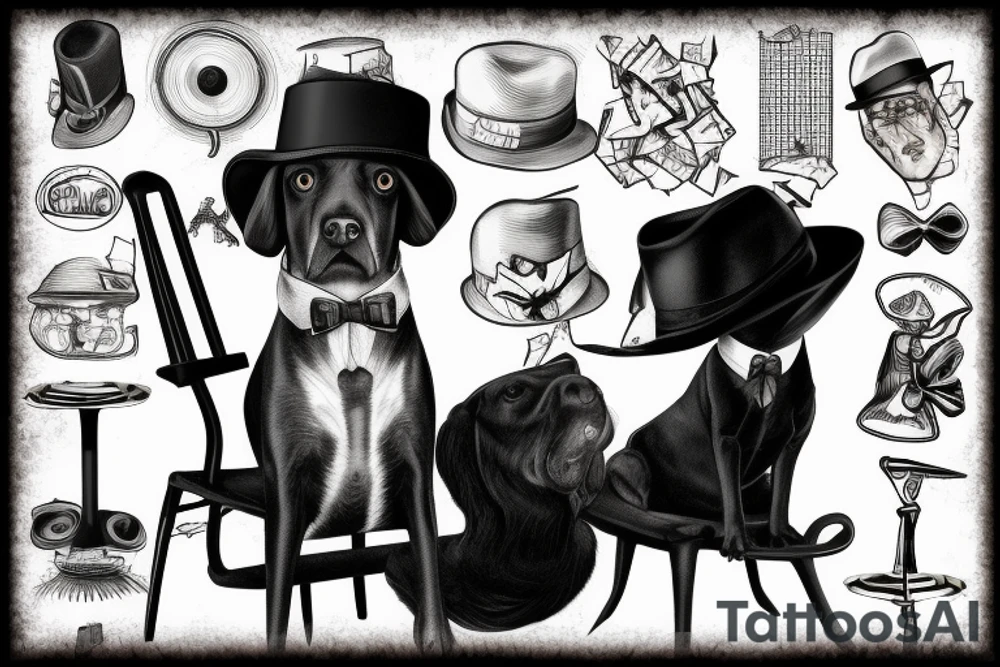 Black dog in a suit is sitting on a chair in a hat with a cane tattoo idea