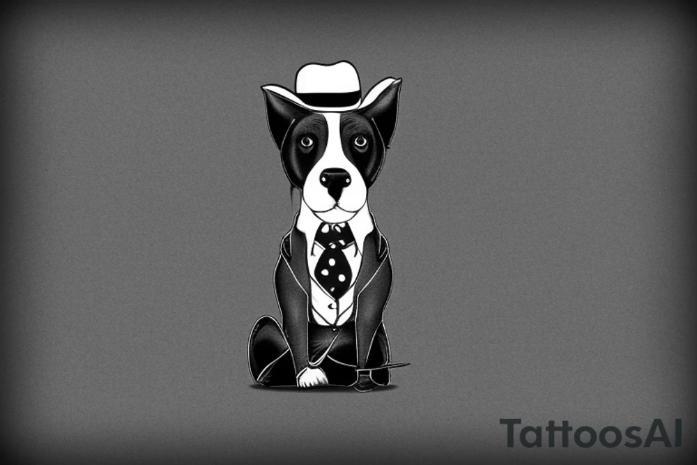 Black dog in a suit is sitting on a chair in a hat with a cane tattoo idea