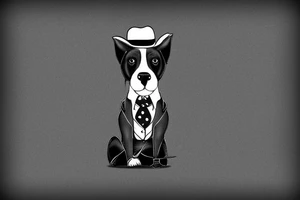 Black dog in a suit is sitting on a chair in a hat with a cane tattoo idea