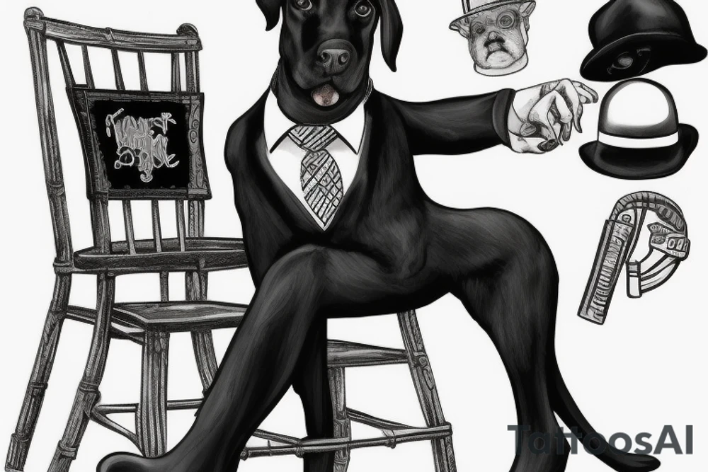 Black dog in a suit is sitting on a chair in a hat with a cane tattoo idea