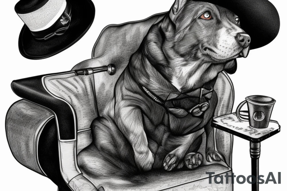 Black dog in a suit is sitting on a chair in a hat with a cane tattoo idea