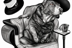 Black dog in a suit is sitting on a chair in a hat with a cane tattoo idea