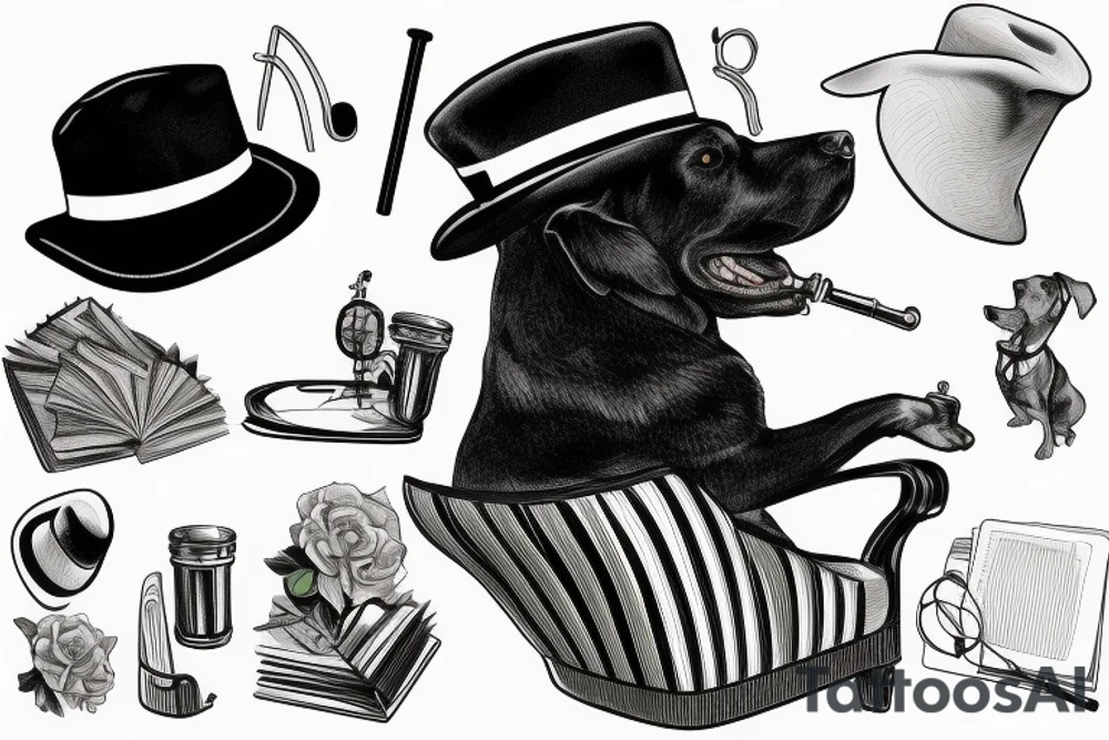 Black dog in a suit is sitting on a chair in a hat with a cane tattoo idea