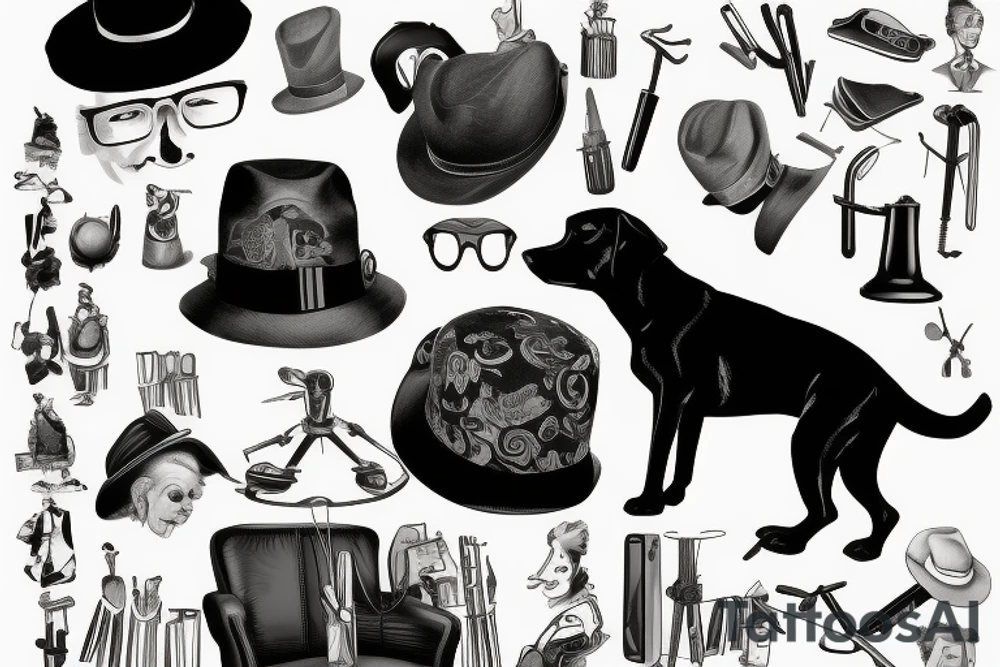 Black dog in a suit is sitting on a chair in a hat with a cane tattoo idea