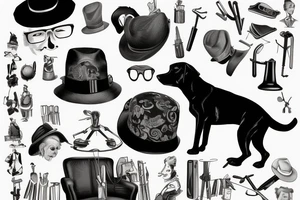 Black dog in a suit is sitting on a chair in a hat with a cane tattoo idea
