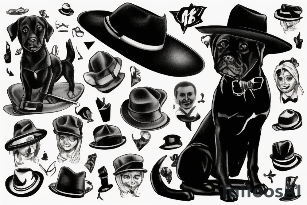 Black dog in a suit is sitting on a chair in a hat tattoo idea