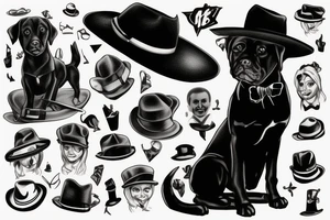 Black dog in a suit is sitting on a chair in a hat tattoo idea