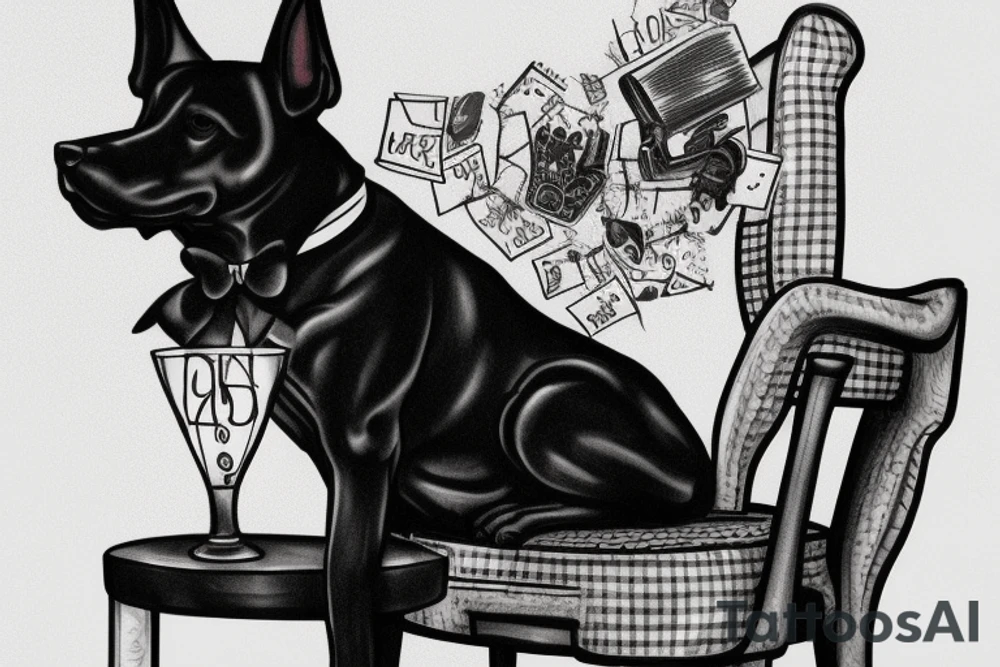 Black dog in a suit is sitting on a chair in a hat tattoo idea