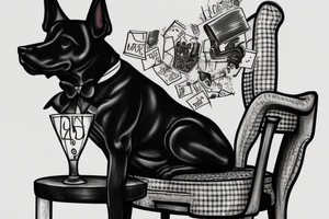 Black dog in a suit is sitting on a chair in a hat tattoo idea