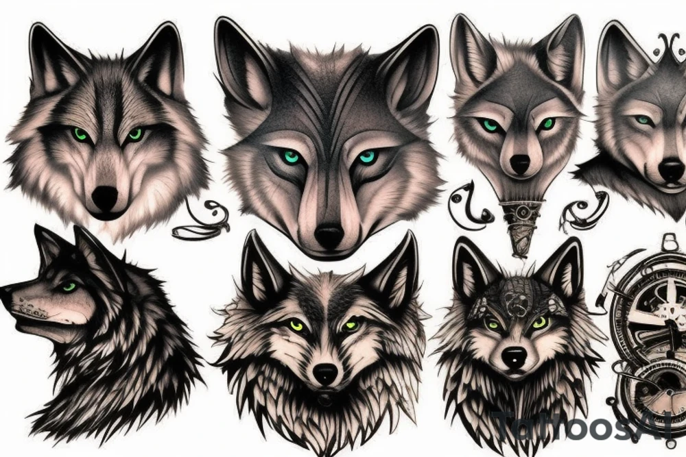 Femine steam punk wolf tattoo idea