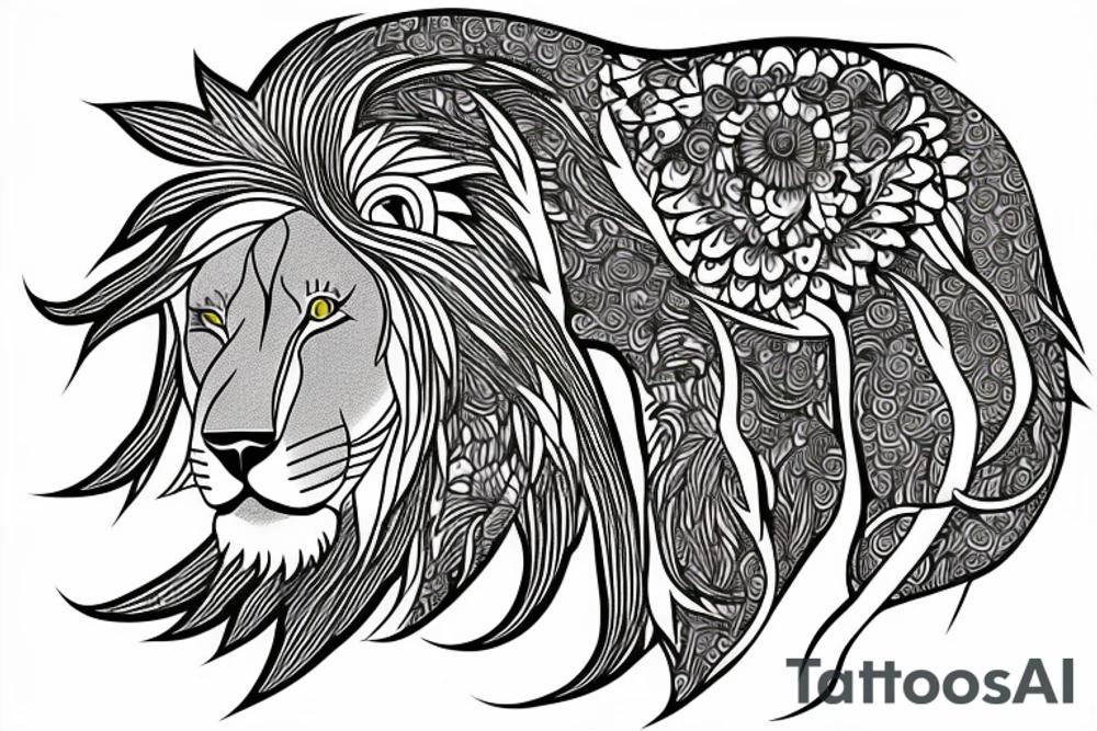 A lion surrounded by morning glory tattoo idea
