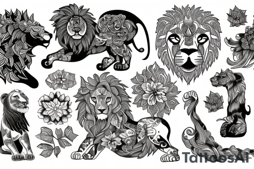 A lion surrounded by morning glory tattoo idea