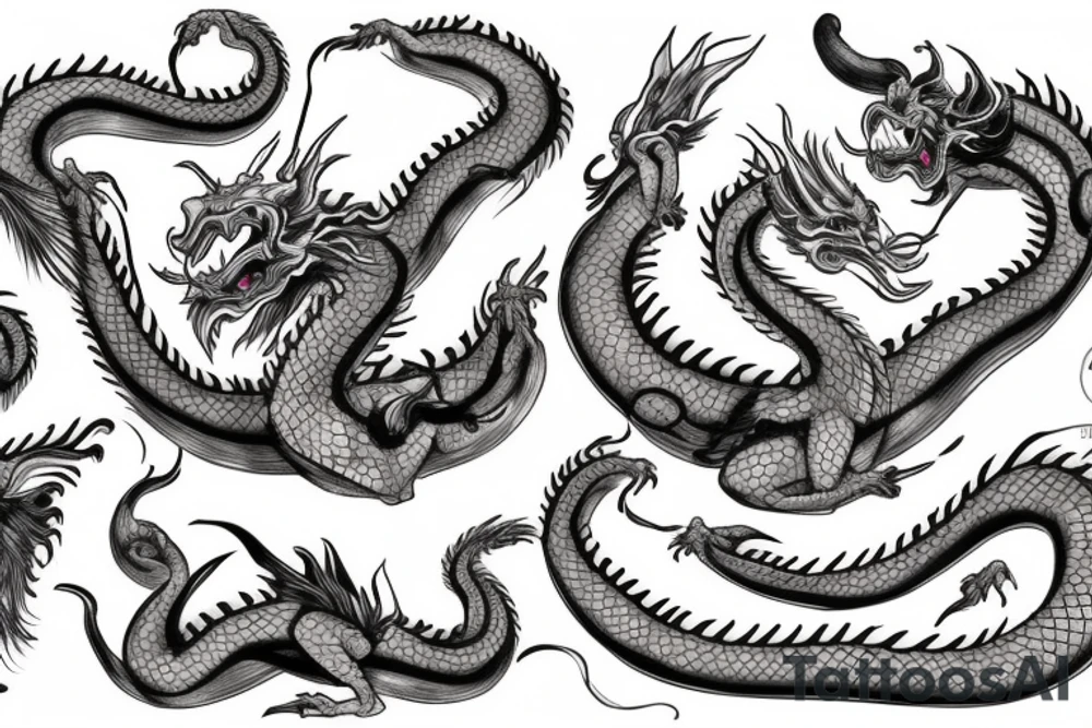 Brutal Asian dragon with a line of eyes along the entire length of the body tattoo idea