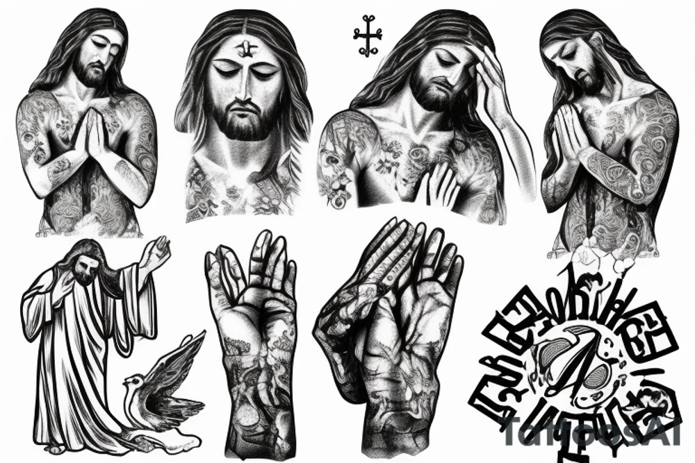 Jesus Christ praying on his knees in shabby clothes tattoo idea