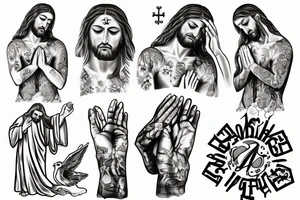 Jesus Christ praying on his knees in shabby clothes tattoo idea