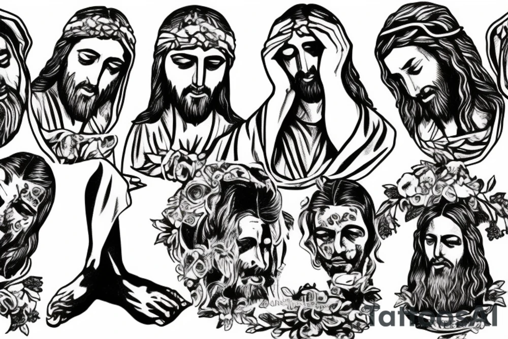 Jesus Christ praying on his knees in shabby clothes tattoo idea