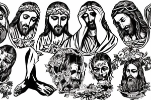 Jesus Christ praying on his knees in shabby clothes tattoo idea