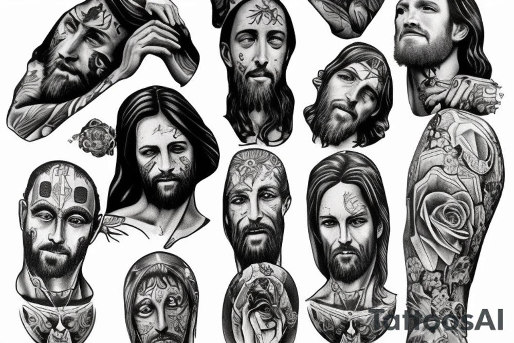 Jesus Christ praying on his knees in shabby clothes tattoo idea