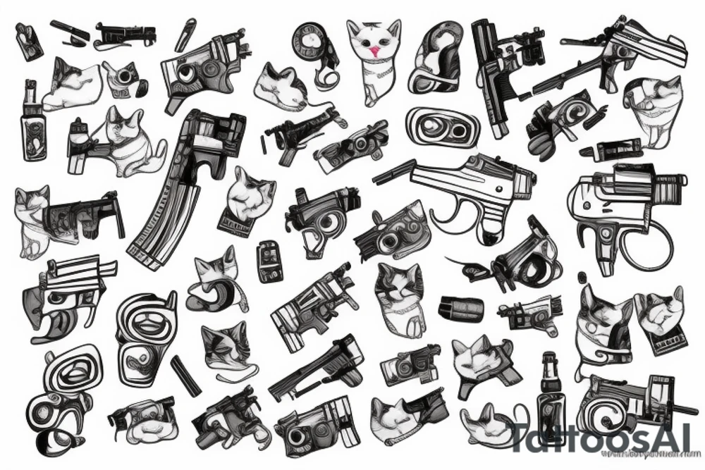 white cat with gun in arm tattoo idea