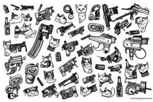 white cat with gun in arm tattoo idea