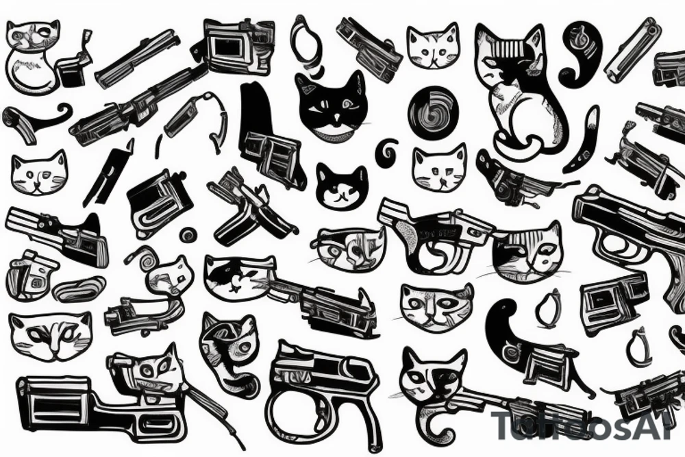 white cat with gun in arm tattoo idea