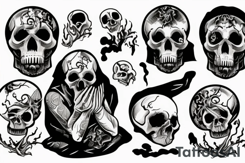 a man in despondency and horror sits with folded hands in a pose resembling a human skull. on the shore of a swamp filled with skulls, fears of death and loneliness tattoo idea
