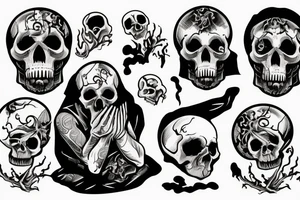 a man in despondency and horror sits with folded hands in a pose resembling a human skull. on the shore of a swamp filled with skulls, fears of death and loneliness tattoo idea