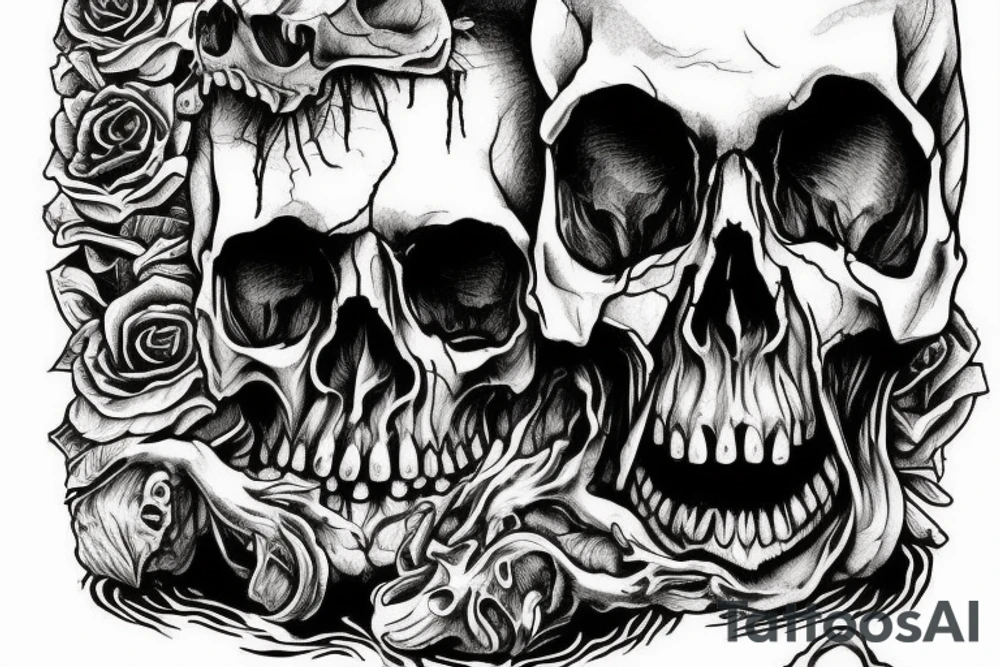 a man in despondency and horror sits with folded hands in a pose resembling a human skull. on the shore of a swamp filled with skulls, fears of death and loneliness tattoo idea