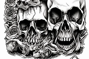 a man in despondency and horror sits with folded hands in a pose resembling a human skull. on the shore of a swamp filled with skulls, fears of death and loneliness tattoo idea