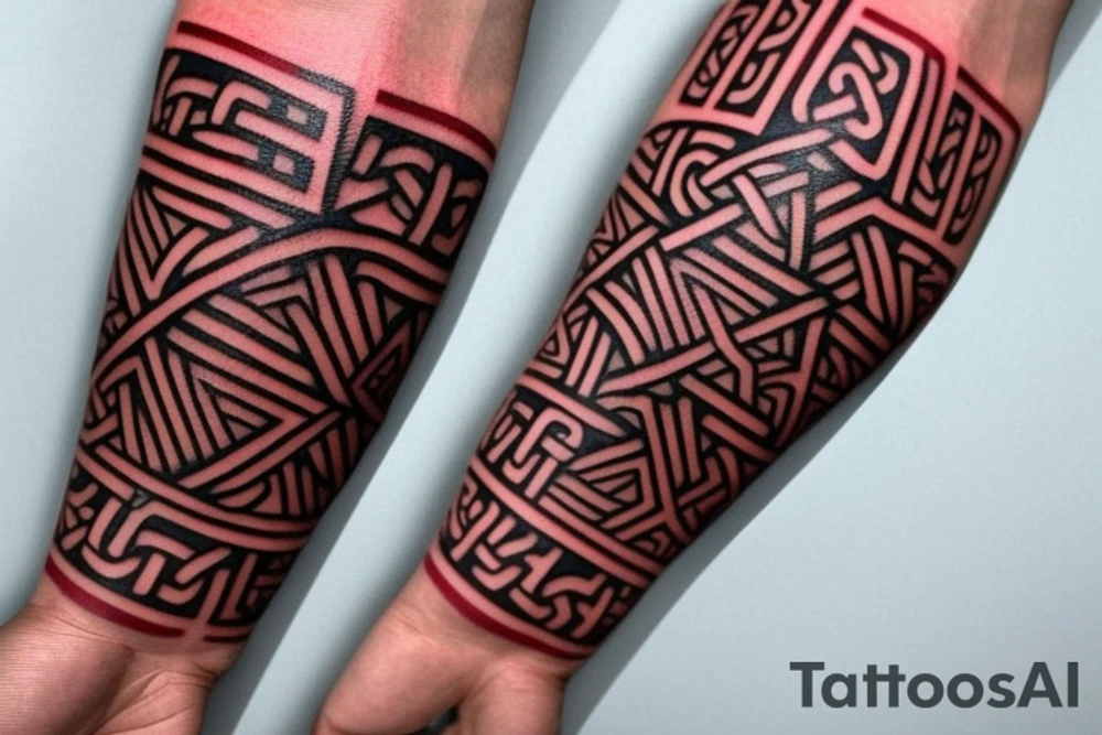 the form of a thin strip around the biceps in red, the lines are clear and sharp, and organically combine the Belarusian national pattern and Celtic runes. should look neat. the tattoo should not take up many places, with a thin strip around the biceps. red color tattoo idea