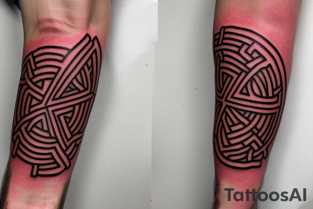 the form of a thin strip around the biceps in red, the lines are clear and sharp, and organically combine the Belarusian national pattern and Celtic runes. should look neat. the tattoo should not take up many places, with a thin strip around the biceps. red color tattoo idea
