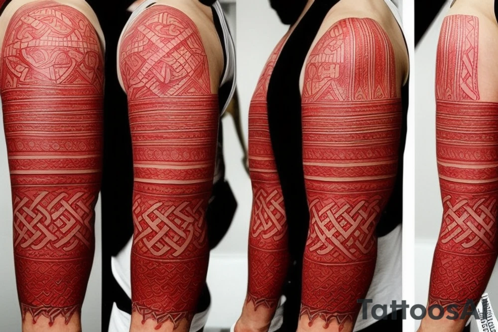the form of a THIN STRIP around the biceps in red color, the lines are clear and sharp, and organically combine the Belarusian national pattern and Celtic runes. should look neat. the tattoo should not take up many places, with a thin strip around the biceps. red color tattoo idea