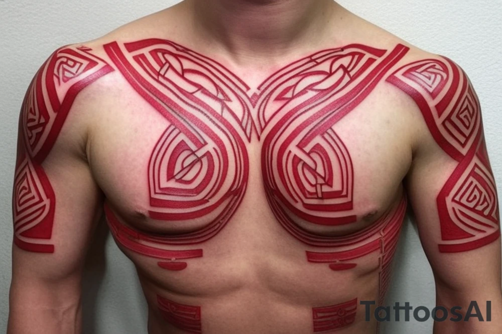 the form of a THIN STRIP around the biceps in red color, the lines are clear and sharp, and organically combine the Belarusian national pattern and Celtic runes. should look neat. the tattoo should not take up many places, with a thin strip around the biceps. red color tattoo idea