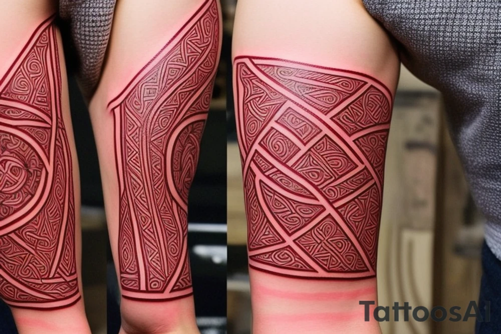 the form of a THIN STRIP around the biceps in red color, the lines are clear and sharp, and organically combine the Belarusian national pattern and Celtic runes. should look neat. the tattoo should not take up many places, with a thin strip around the biceps. red color tattoo idea