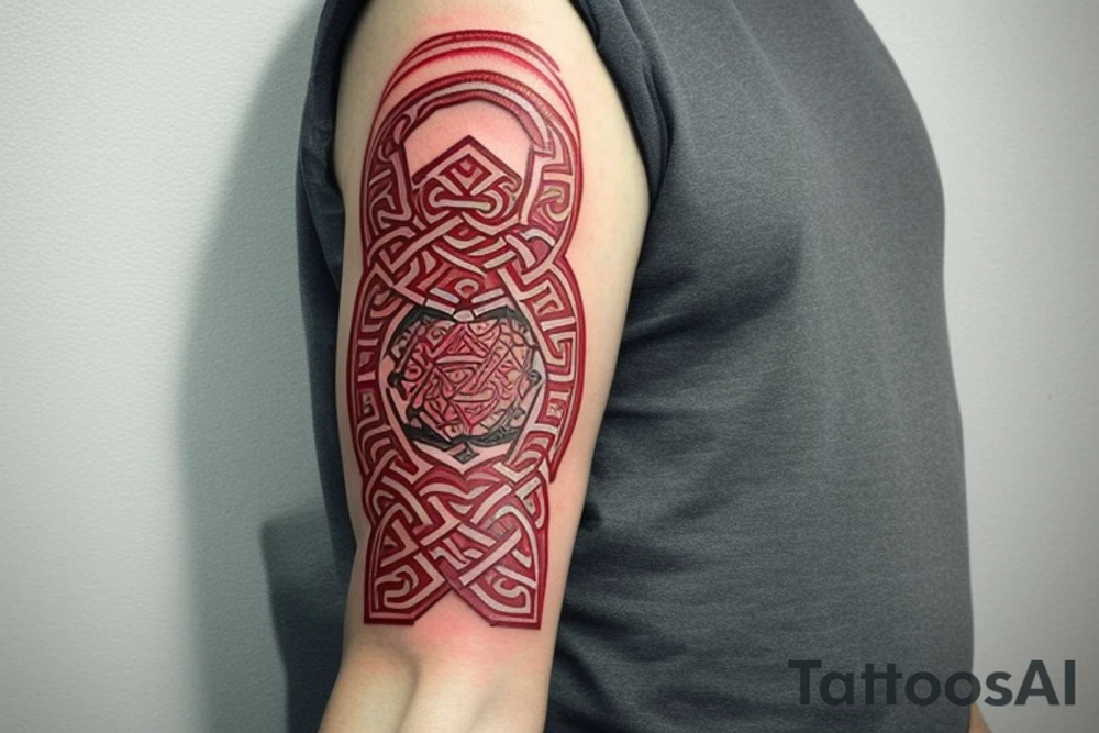the form of a THIN STRIP around the biceps in red color, the lines are clear and sharp, and organically combine the Belarusian national pattern and Celtic runes. should look neat. the tattoo should not take up many places, with a thin strip around the biceps. red color tattoo idea
