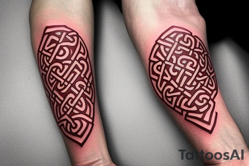 the form of a THIN STRIP around the biceps in red color, the lines are clear and sharp, and organically combine the Belarusian national pattern and Celtic runes. should look neat. the tattoo must NOT take up many places, with a thin strip around the biceps. red color tattoo idea