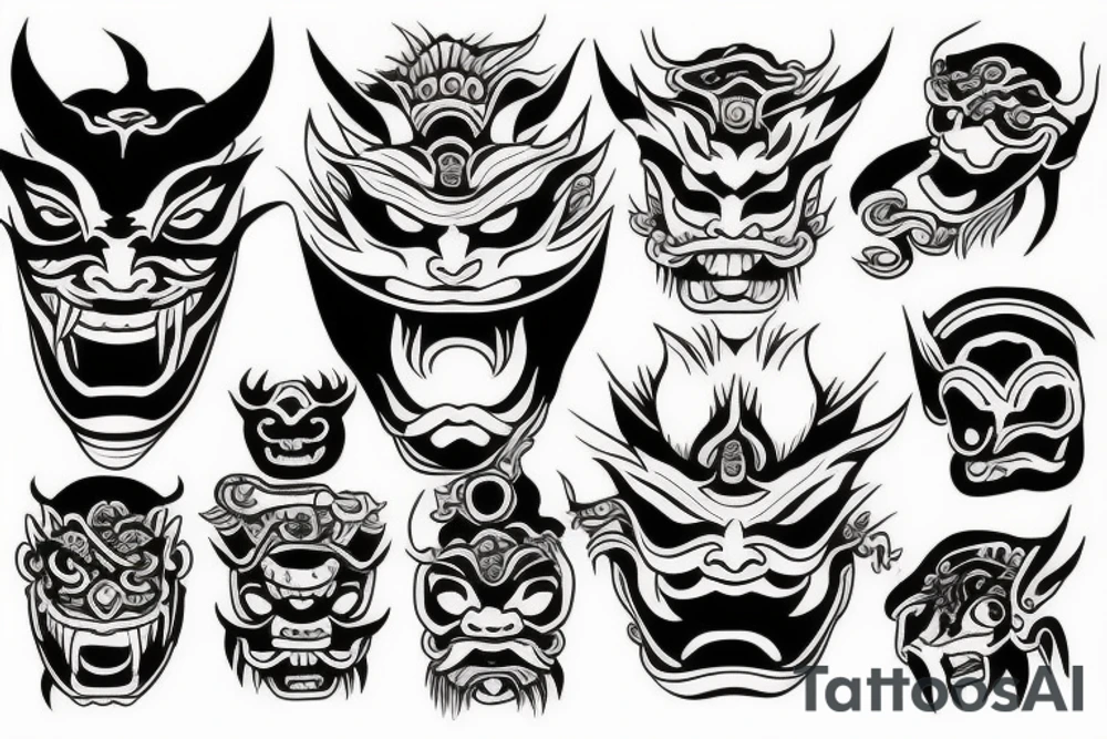 a lot of hands around the Japanese demon mask tattoo idea