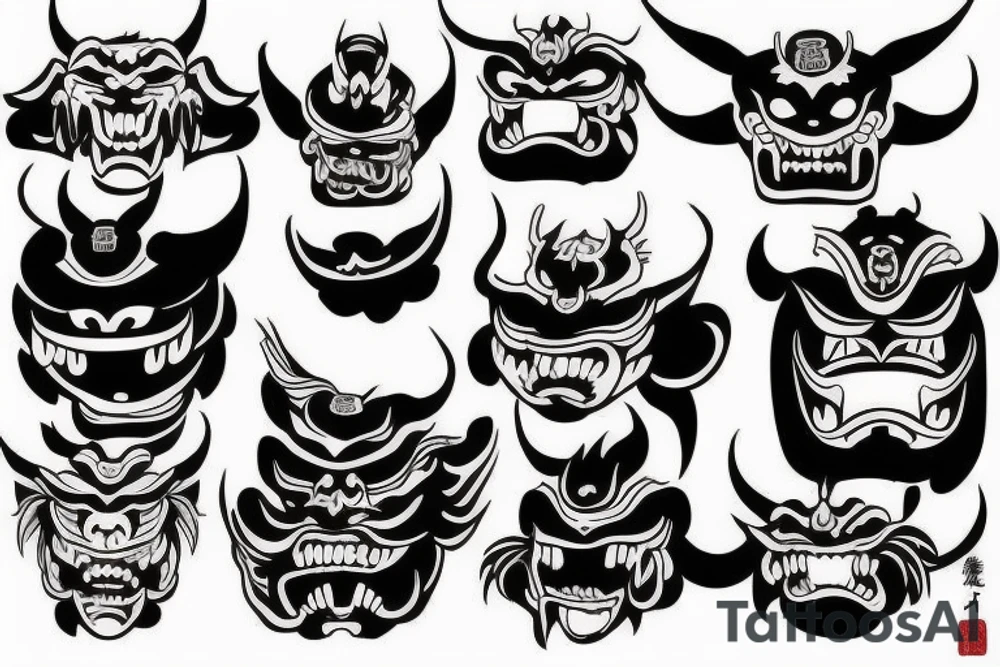 a lot of hands around the Japanese demon mask tattoo idea