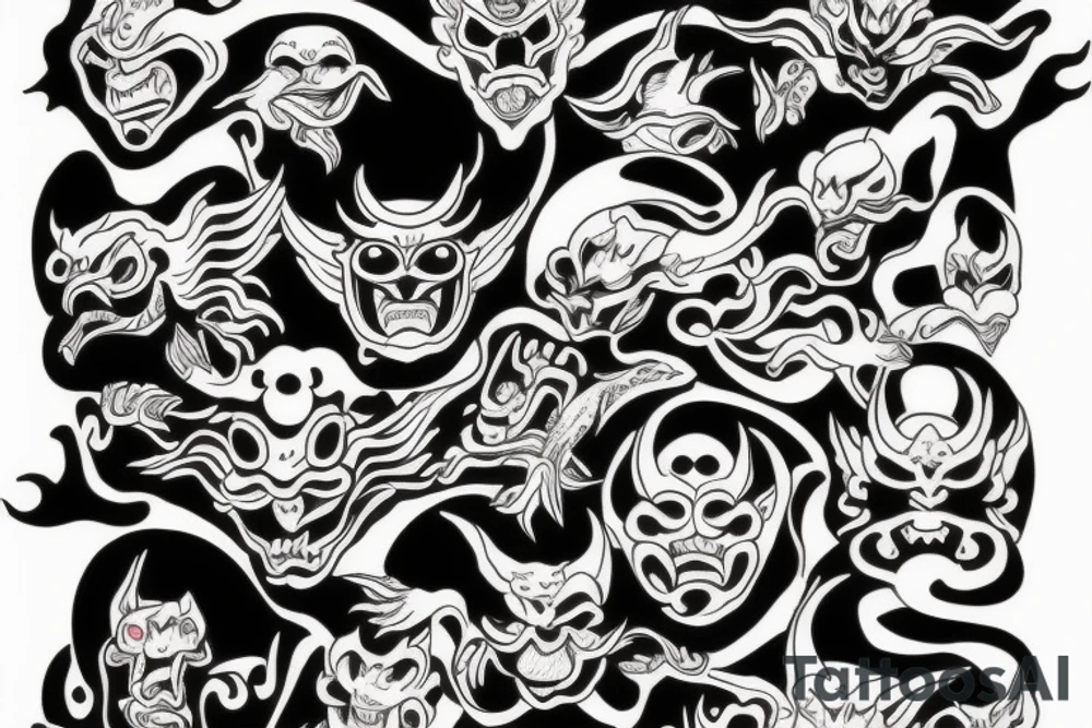 a lot of hands around the Japanese demon mask tattoo idea