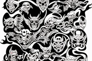 a lot of hands around the Japanese demon mask tattoo idea